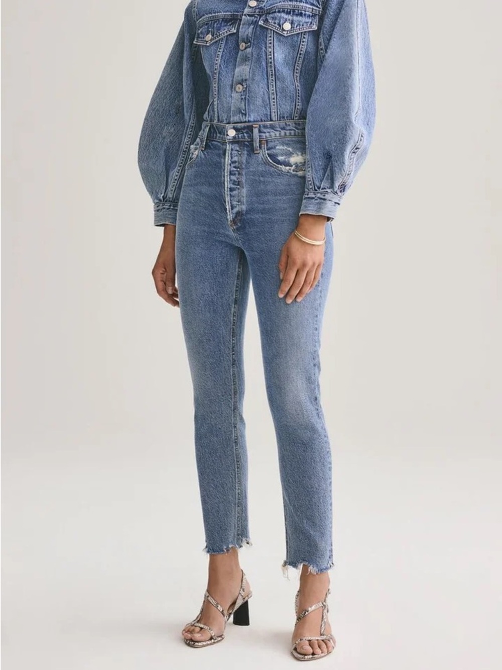 AGOLDE Nico Jeans 24 High Rise Slim Straight Crop Raw Hem Distressed Blue Denim